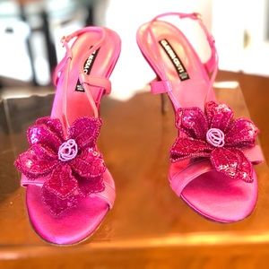 Claudia Cuitti Pink Satin and Sequin Flower Heels, made in Italy.  Size 8.5
